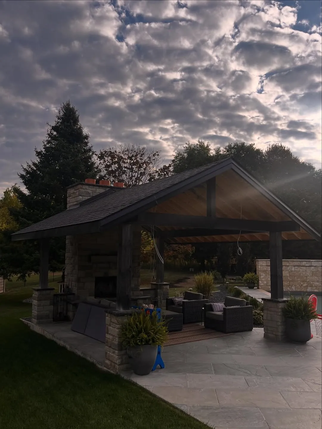 Outdoor Pavilion Roof Replacement - Completed Roof - Evening View